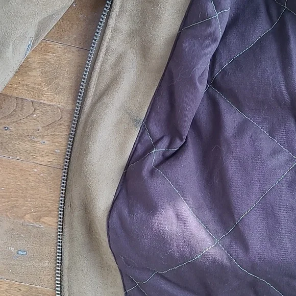 Vintage 90s MISS SIXTY Racer Moto Aviatior Suede Tan Jacket Brown Stripes M/L - Picture 12 of 15